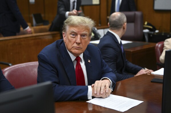 Former President Donald Trump attends the first day of his trial at Manhattan Criminal Court in New York City on April 15, 2024. (ANGELA WEISS/AFP via AP, POOL)